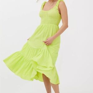 Urban Outfitters Neon Green Odessa Smocked Ruffle Midi Dress
